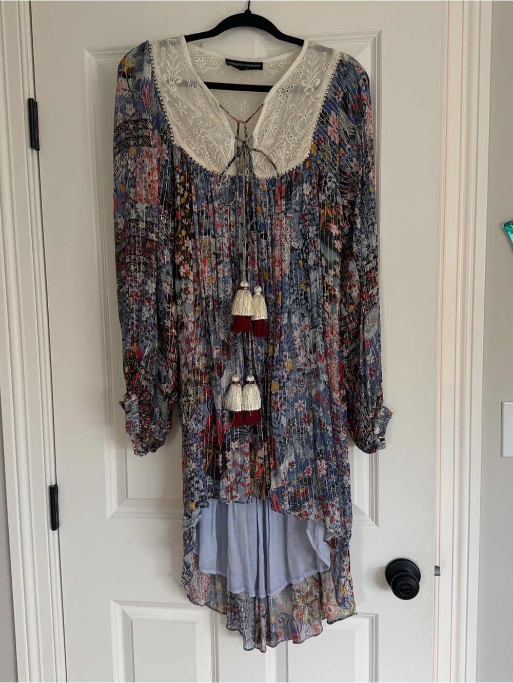 HEMANT & NANDITA Multi Blue Floral Tunic with Metallic Sheen and Lace Trim